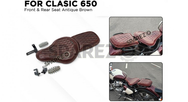 For Royal Enfield Classic 650 Genuine Leather Front and Rear Seat Antique Brown - SPAREZO